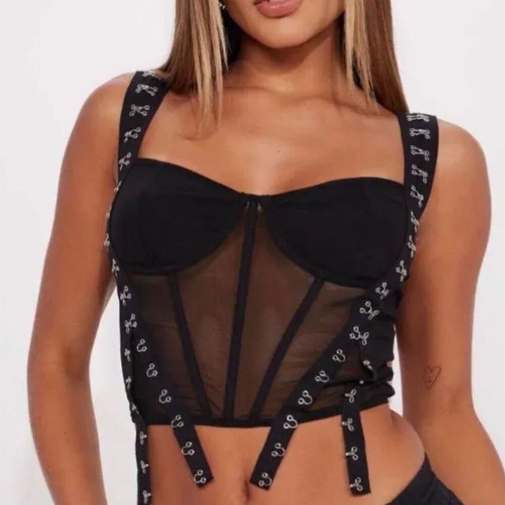 Fashion Nova Women's XS Black Mesh Corset Crop Tank Party Top